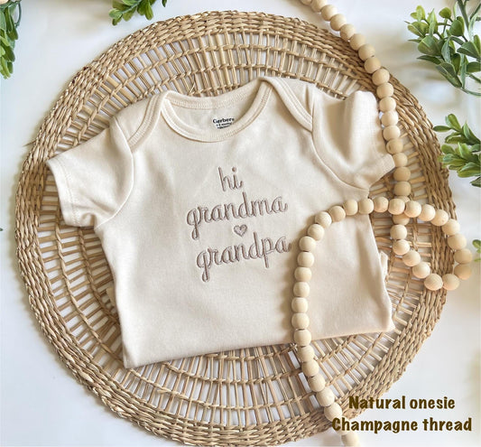 Embroidered Hi Grandma and Grandpa Onesie®, Gifts for Newborn, Pregnancy Announcement Bodysuit for Grandparents