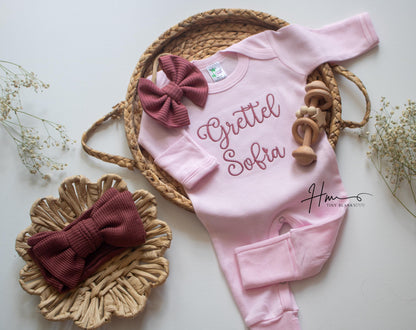 Personalized Baby Girl Romper and Bow Set: Embroidered Coming Home Outfit