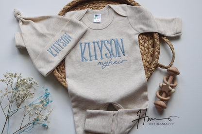Personalized Baby Boy Coming Home Outfit: Soft Romper & Knotted Hat.