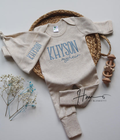 Personalized Baby Boy Coming Home Outfit: Soft Romper & Knotted Hat.