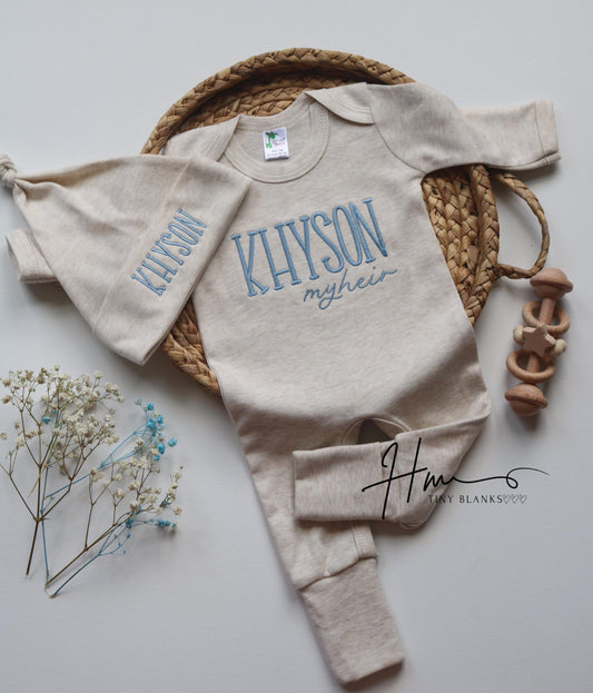 Personalized Baby Boy Coming Home Outfit: Soft Romper & Knotted Hat.