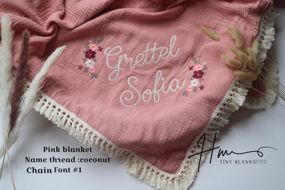 Personalized Embroidered Baby Swaddle Blanket: Organic Cotton Muslin, Rose Floral Design