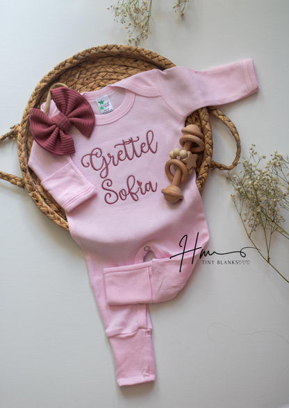 Personalized Baby Girl Romper and Bow Set: Embroidered Coming Home Outfit