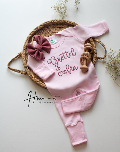 Personalized Baby Girl Romper and Bow Set: Embroidered Coming Home Outfit