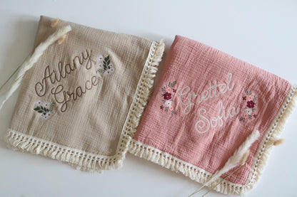 Personalized Embroidered Baby Swaddle Blanket: Organic Cotton Muslin, Boho Floral