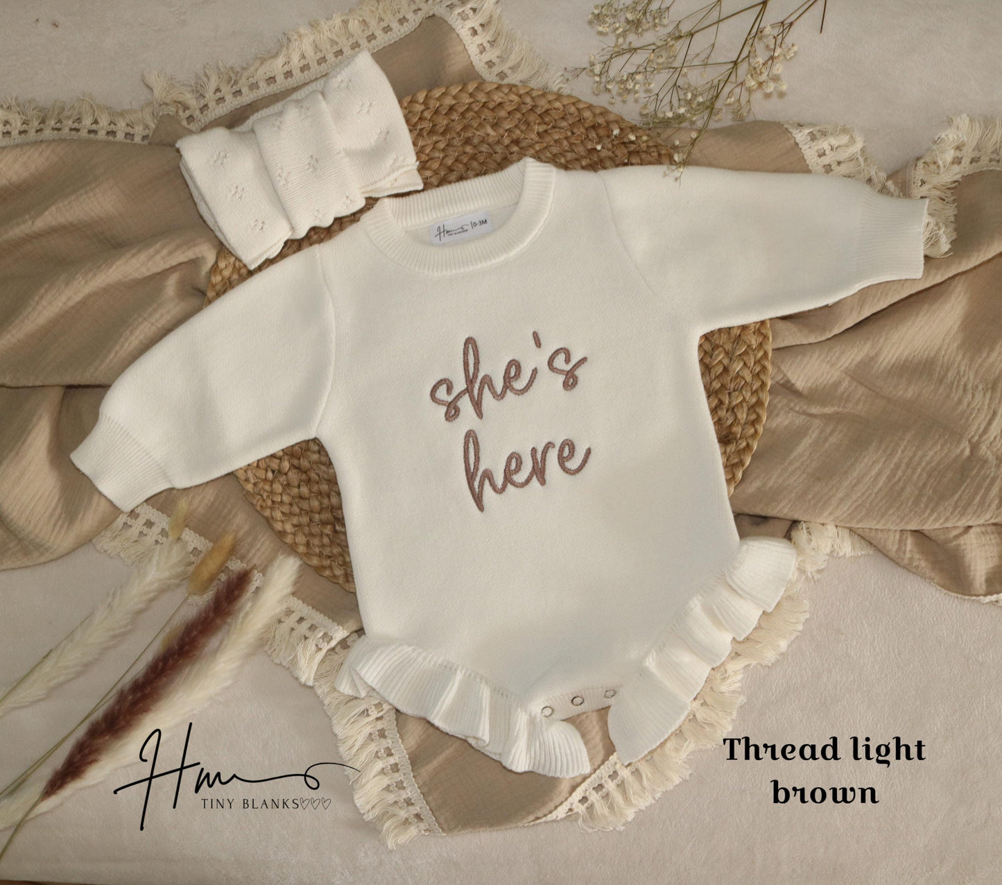 She’s here embroidered Romper, knit ribbed ruffle romper custom, gender reveal announcement, it’s a girl