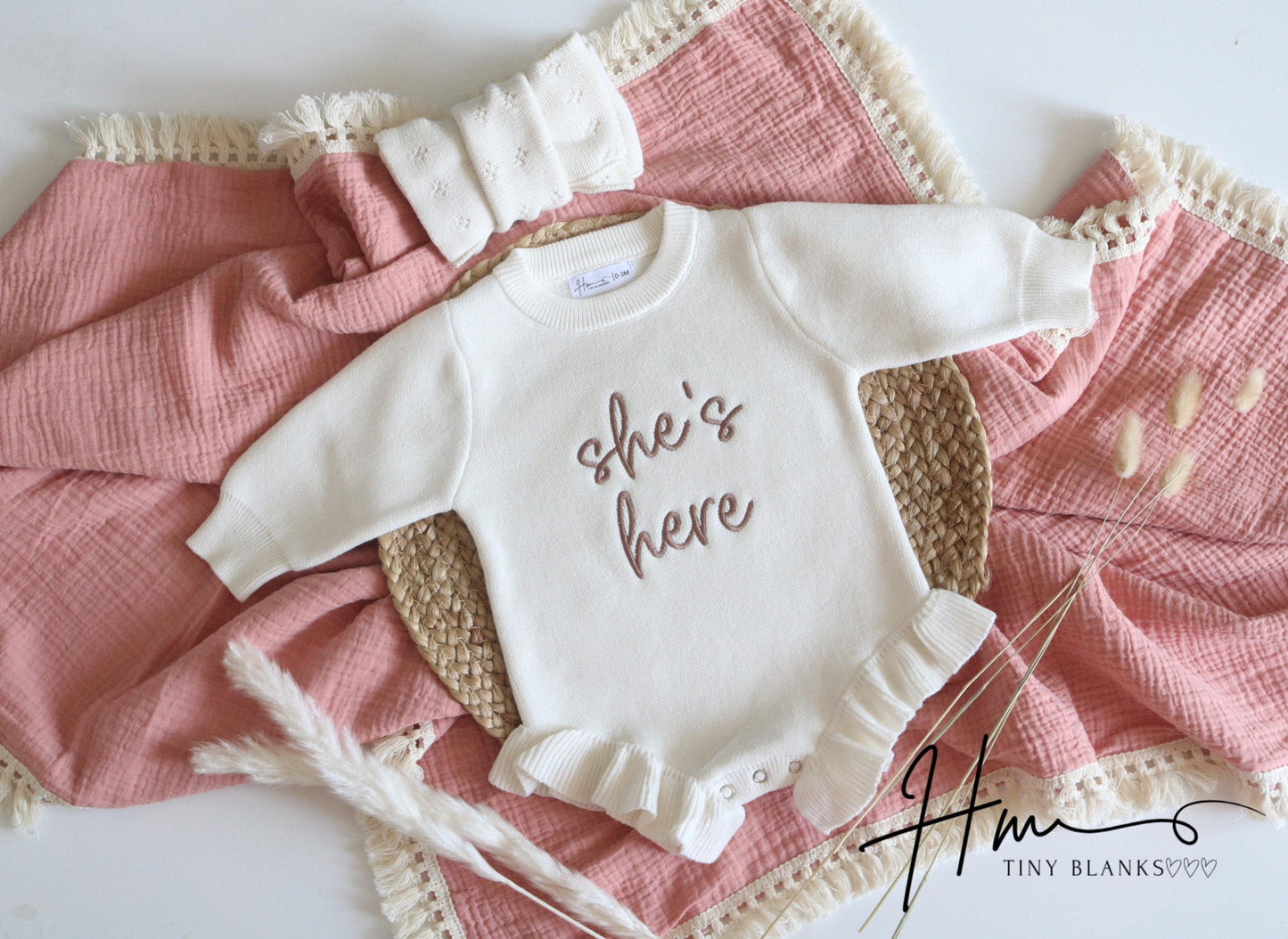 She’s here embroidered Romper, knit ribbed ruffle romper custom, gender reveal announcement, it’s a girl