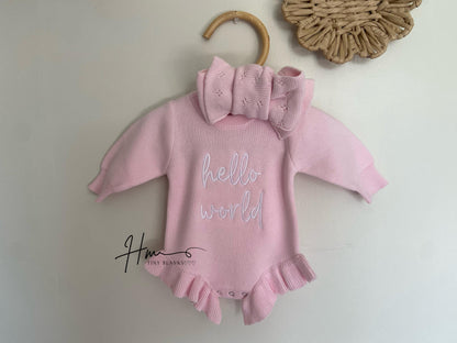 She’s here embroidered Romper, knit ribbed ruffle romper custom, gender reveal announcement, it’s a girl