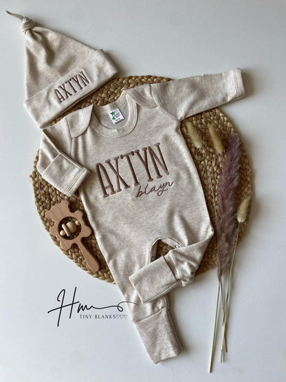 Personalized Baby Boy Coming Home Outfit: Embroidered Name Romper & Hat