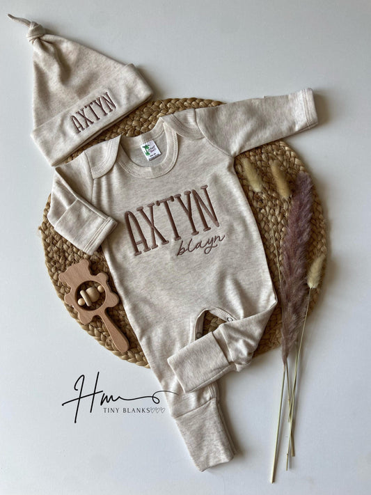 Personalized Baby Boy Coming Home Outfit: Embroidered Name Romper & Hat