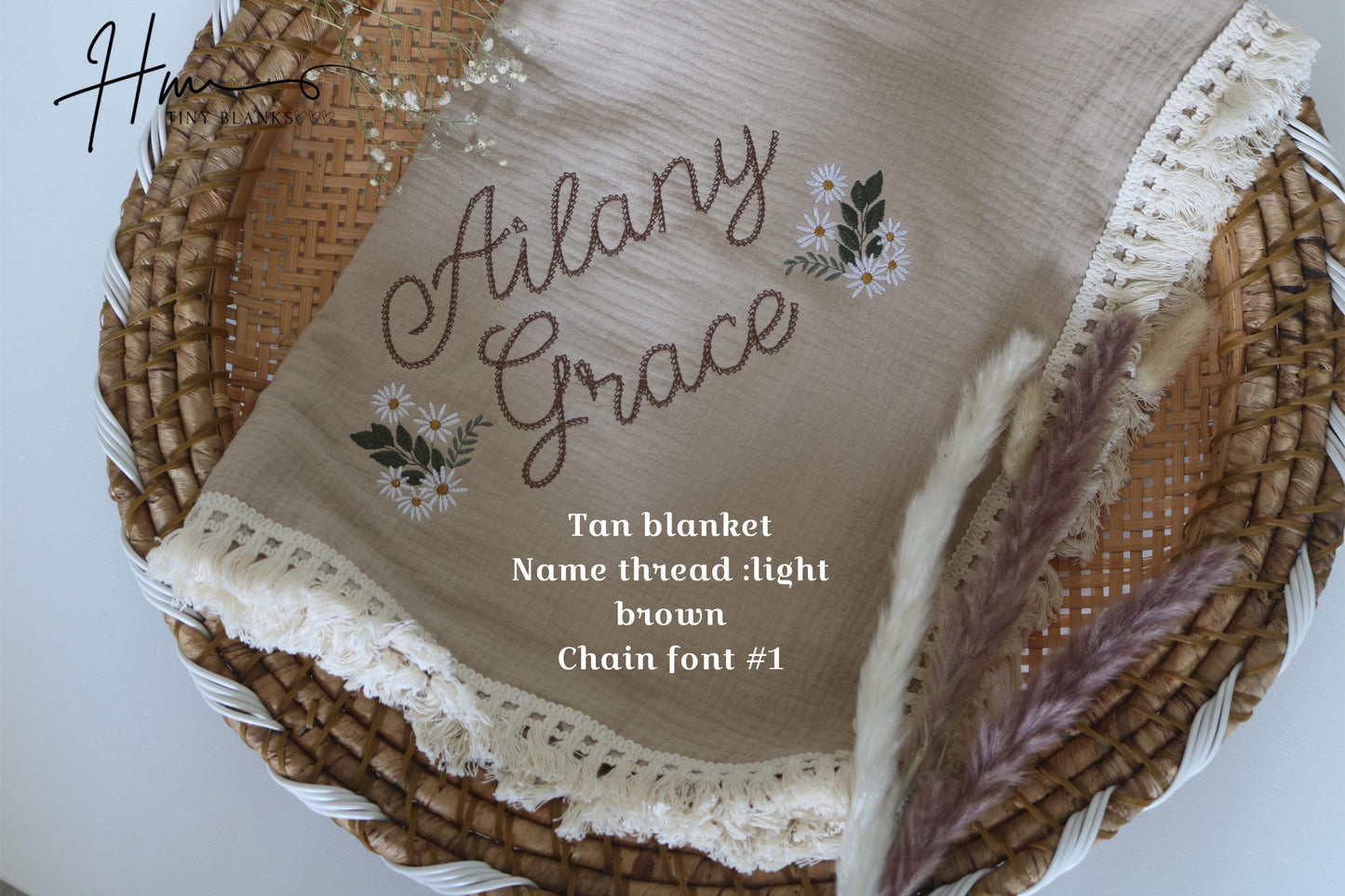 Personalized Embroidered Baby Swaddle Blanket: Organic Cotton Muslin, Boho Floral