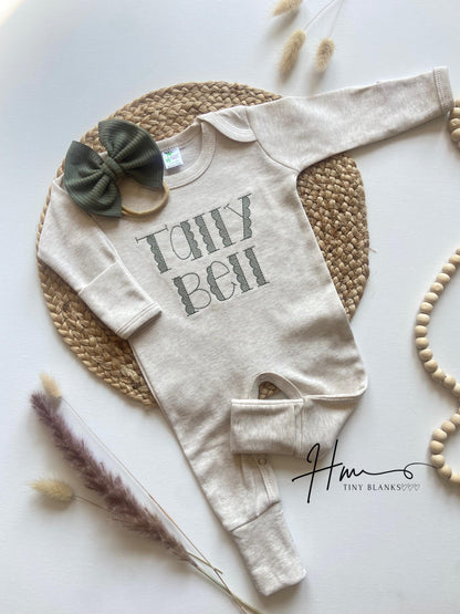 Personalized Baby Romper Hat Set: Sage Green Sketch Stitch, Newborn Outfit