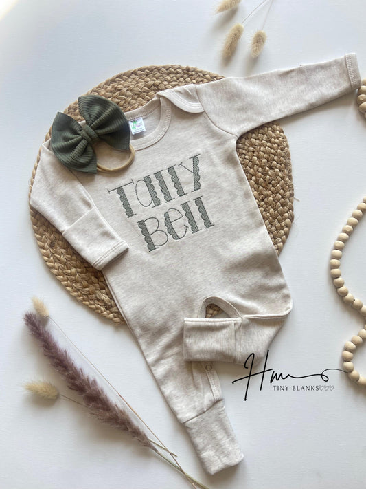 Personalized Baby Romper Hat Set: Sage Green Sketch Stitch, Newborn Outfit