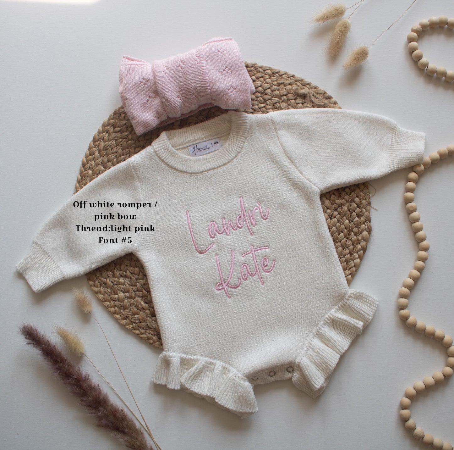 Embroidered name baby romper, newborn girl coming home knit ruffle outfit, custom birth name announcement