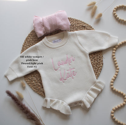 Embroidered name baby romper, newborn girl coming home knit ruffle outfit, custom birth name announcement