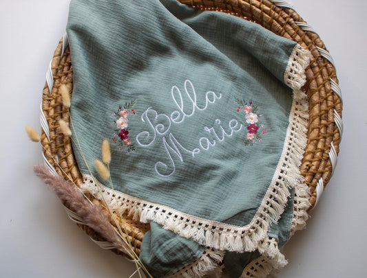 Personalized Embroidered Baby Swaddle Blanket: Organic Cotton Muslin, Rose Floral Design