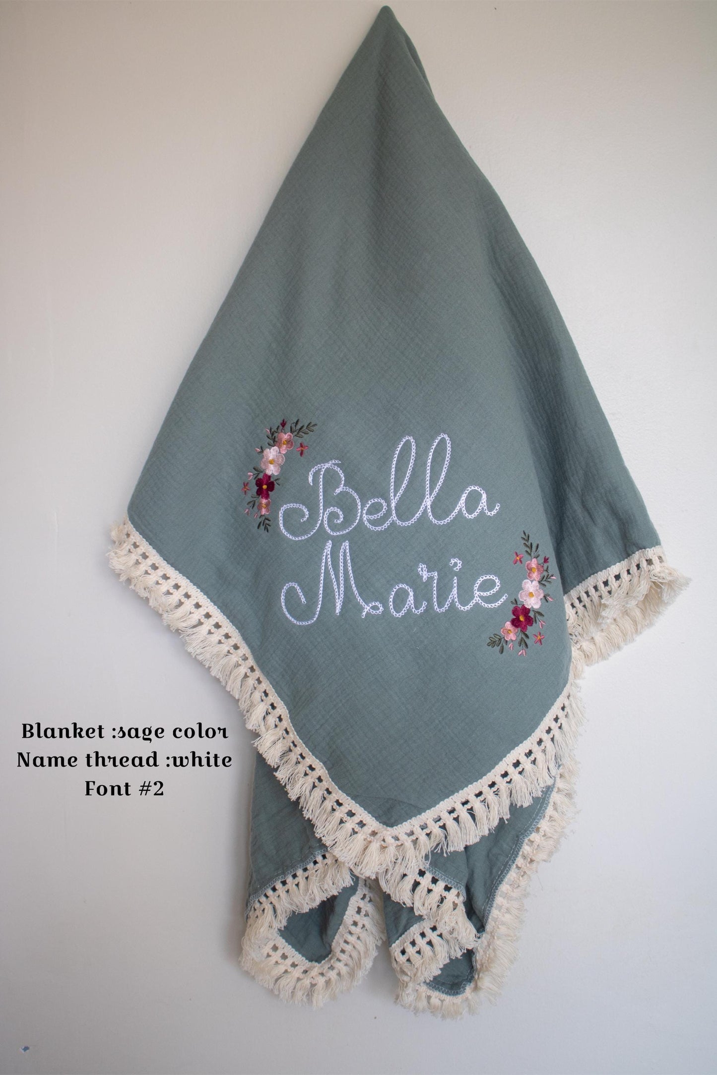 Personalized Embroidered Baby Swaddle Blanket: Organic Cotton Muslin, Rose Floral Design