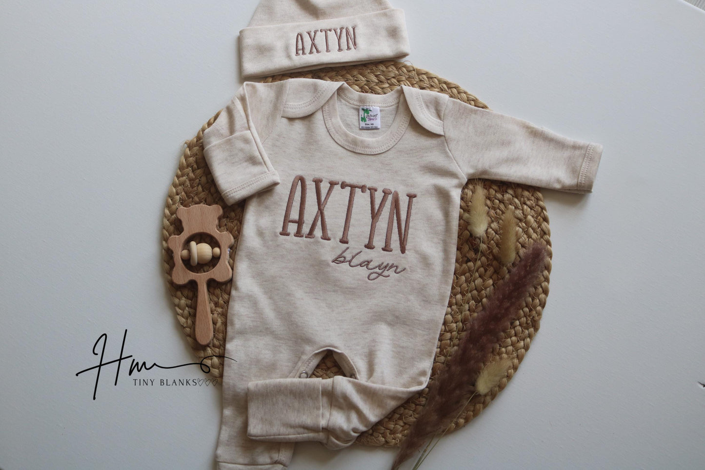 Personalized Baby Boy Coming Home Outfit: Embroidered Name Romper & Hat