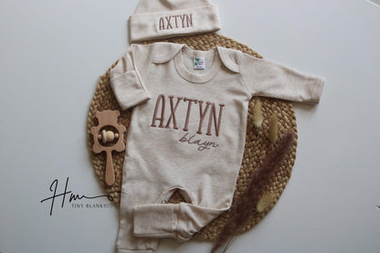 Personalized Baby Boy Coming Home Outfit: Embroidered Name Romper & Hat