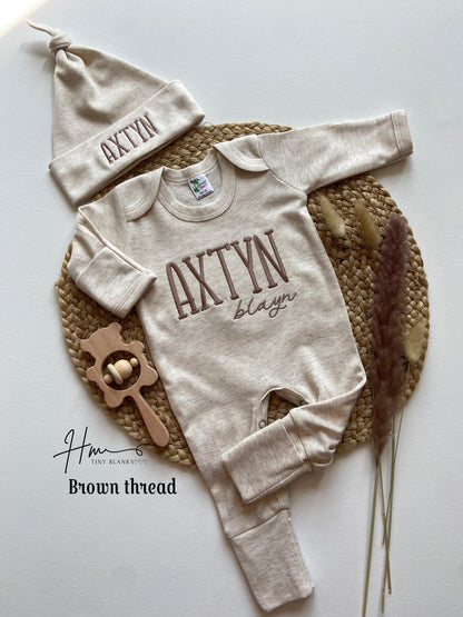 Personalized Baby Boy Coming Home Outfit: Embroidered Name Romper & Hat