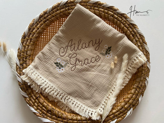 Personalized Embroidered Baby Swaddle Blanket: Organic Cotton Muslin, Boho Floral