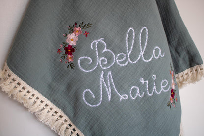 Personalized Embroidered Baby Swaddle Blanket: Organic Cotton Muslin, Rose Floral Design