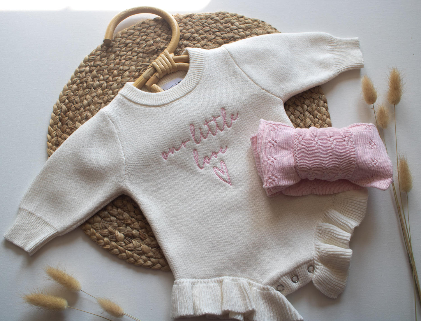 Embroidered Cotton Ruffle Romper: Baby Girl Outfit, Personalized Knit Onesie