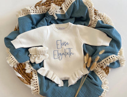 Personalized Baby Ruffle Knit Romper: Cotton Newborn Outfit.