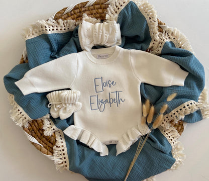 Personalized Baby Ruffle Knit Romper: Cotton Newborn Outfit.