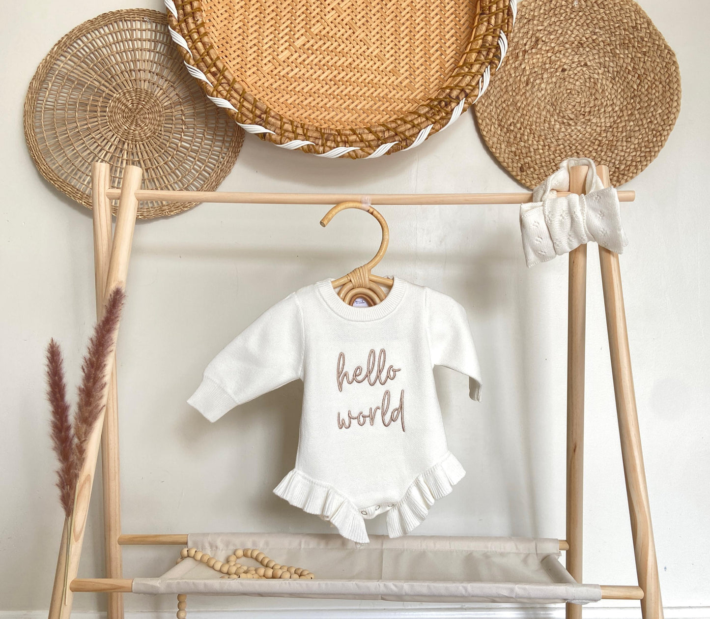 Embroidered Newborn Romper: Hello World Outfit, Ruffle Knit Cotton