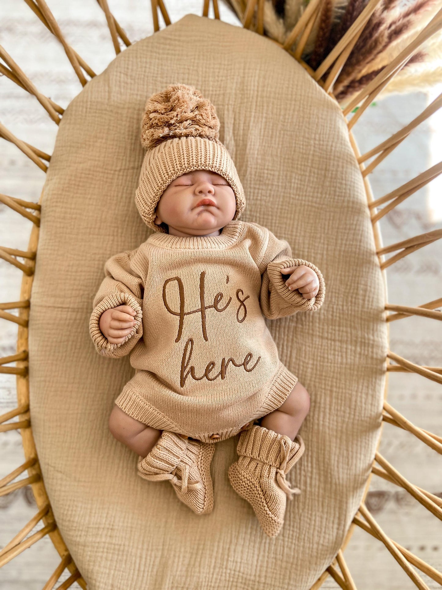 He's Here' Baby Romper | taupe