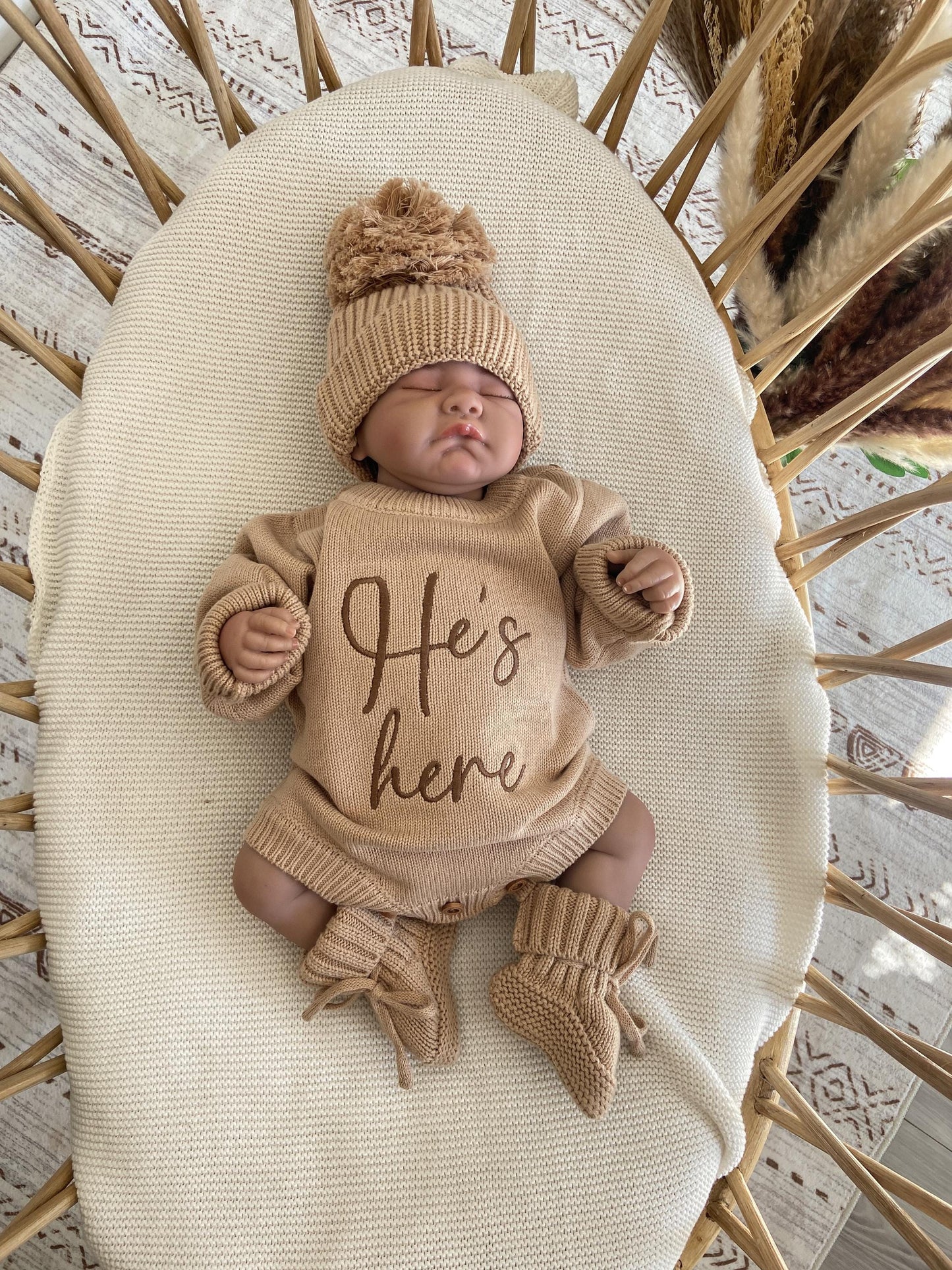 He is here Embroidered Knit Newborn Romper