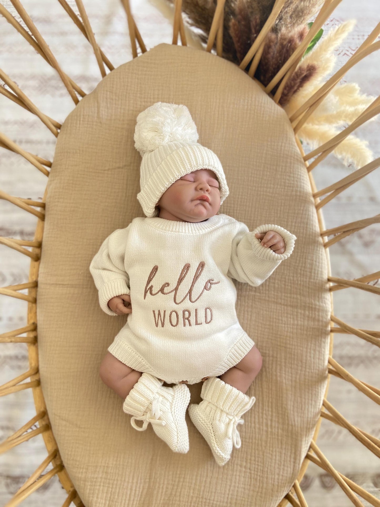 Hello world embroidered Knit Newborn Romper