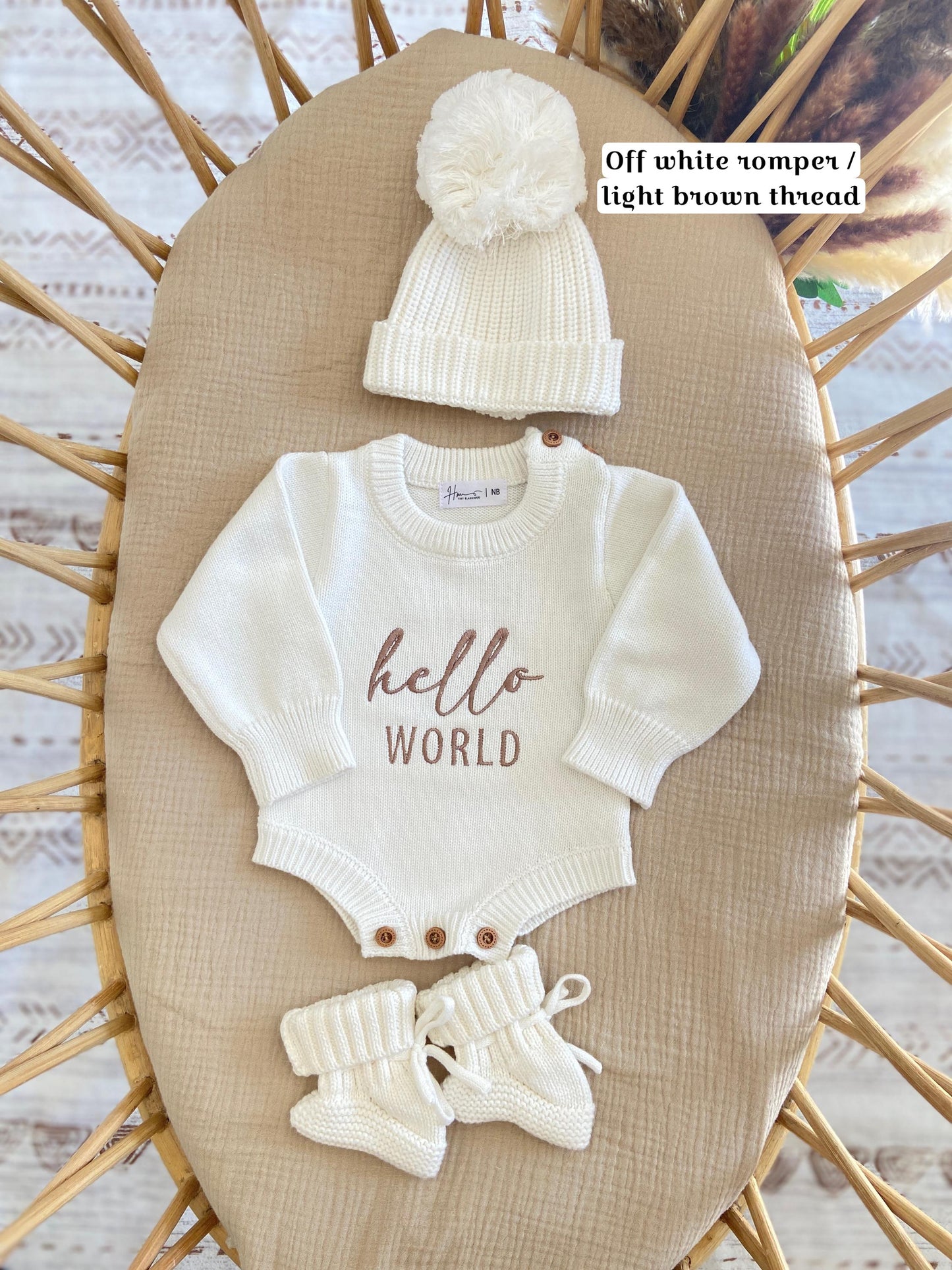 Hello world embroidered Knit Newborn Romper