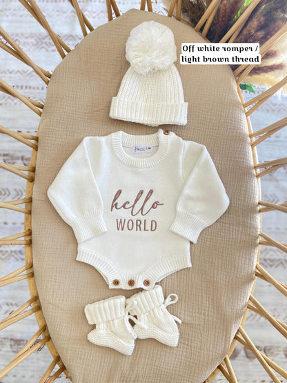 Hello world embroidered Knit Newborn Romper