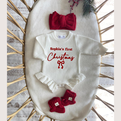 Christmas Outfit Baby Girl,First Christmas,Bow Knit Sweater Romper, Holiday Photoshoot, Embroidered Coming Home Set, Newborn Infant Toddler,