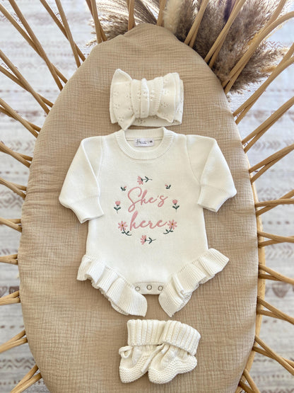 Personalized Baby Ruffle Romper: Embroidered floral she is here Newborn Outfit