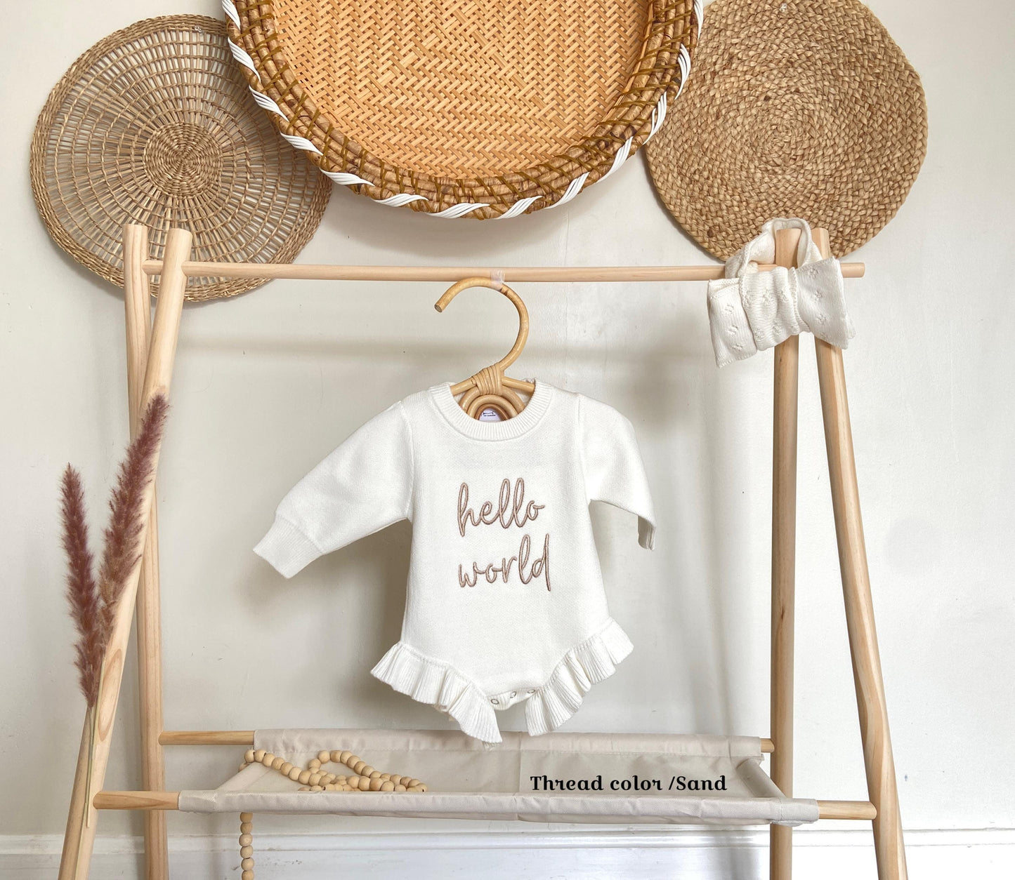 Embroidered Newborn Romper: Hello World Outfit, Ruffle Knit Cotton
