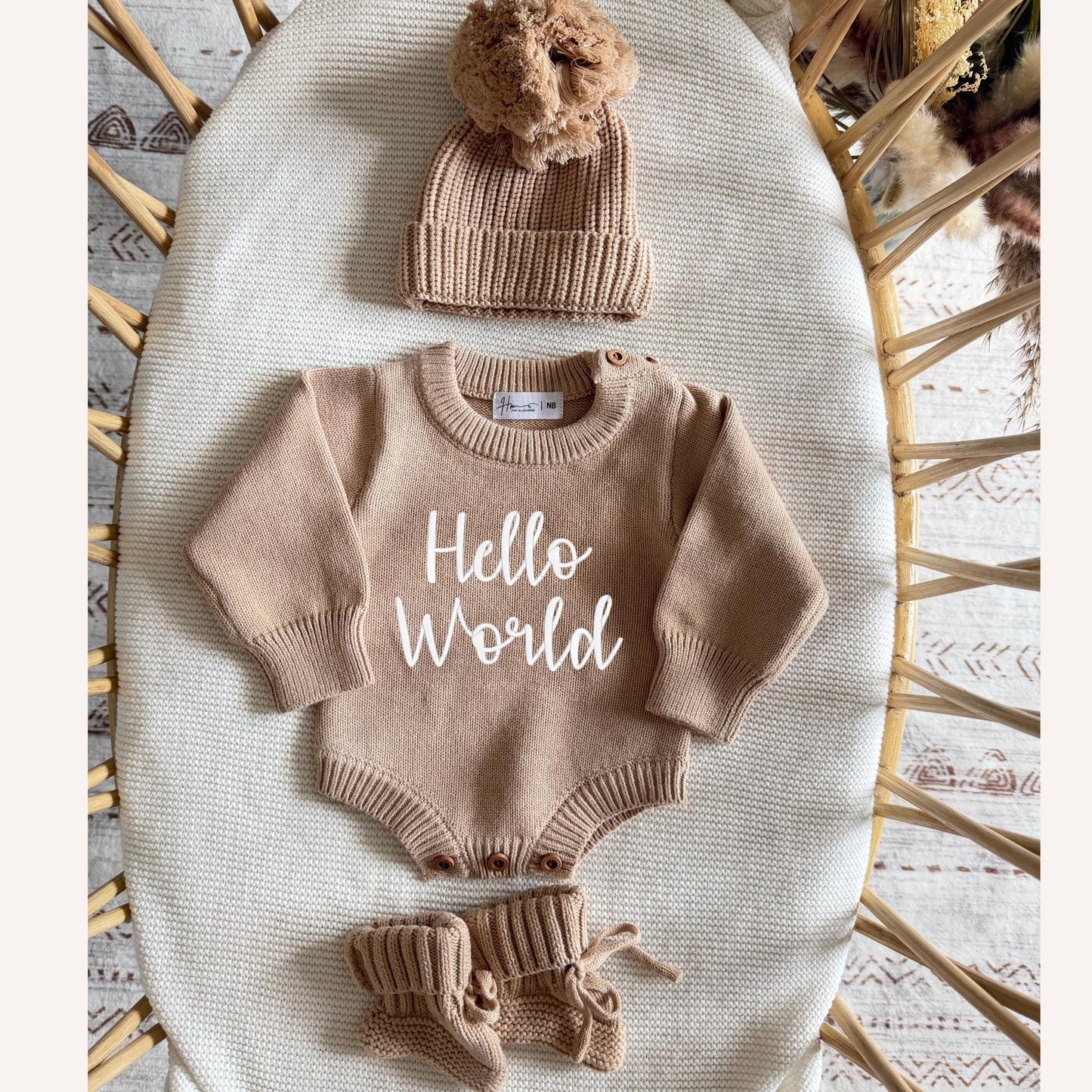 Hello world embroidered Knit Newborn Romper