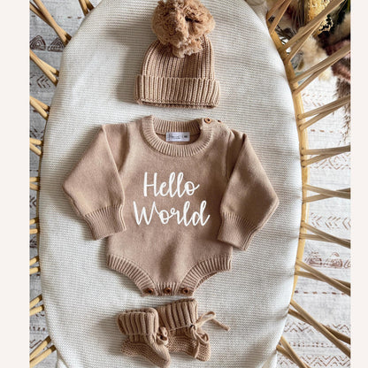 Hello world embroidered Knit Newborn Romper