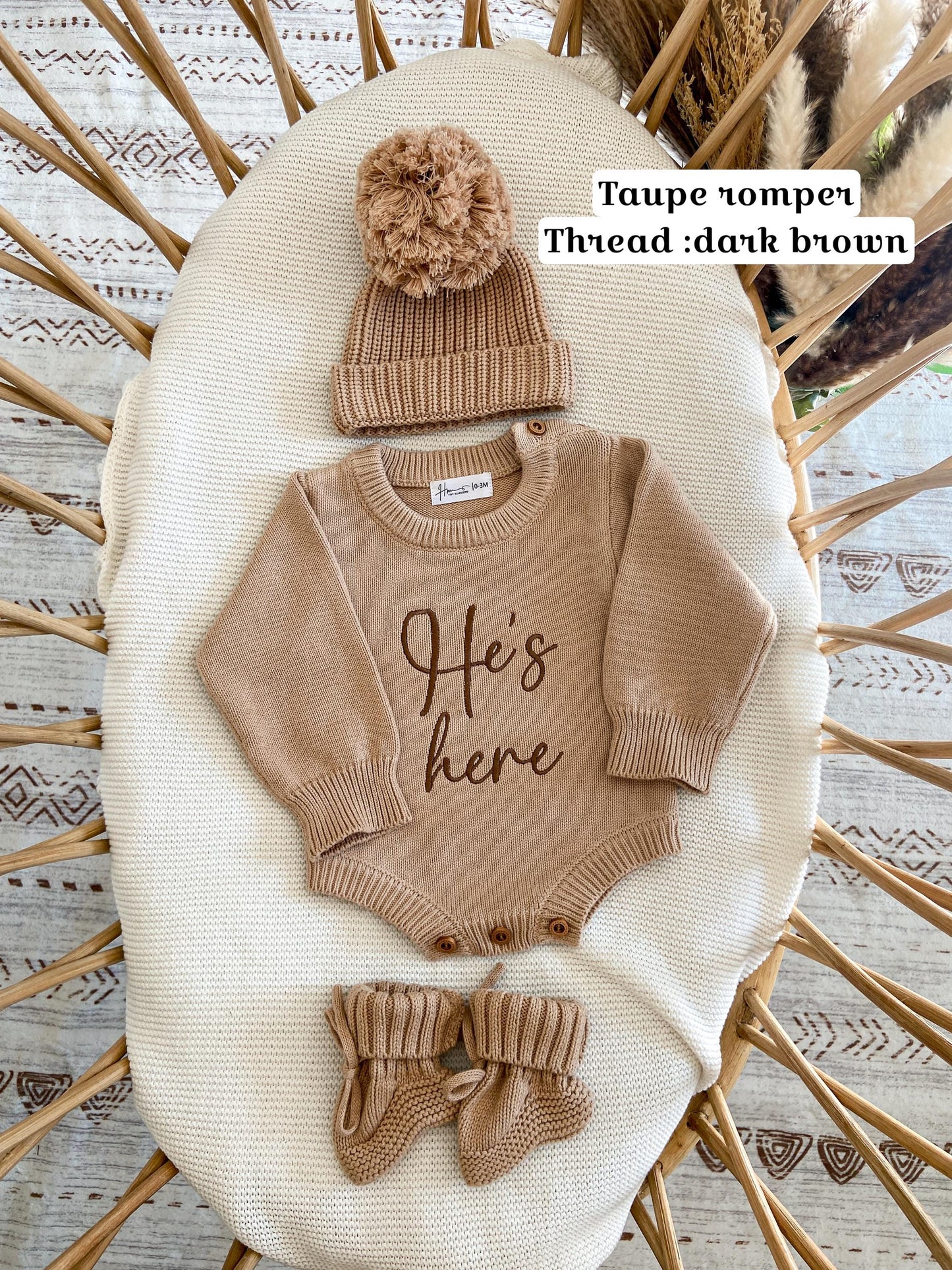 He is here Embroidered Knit Newborn Romper