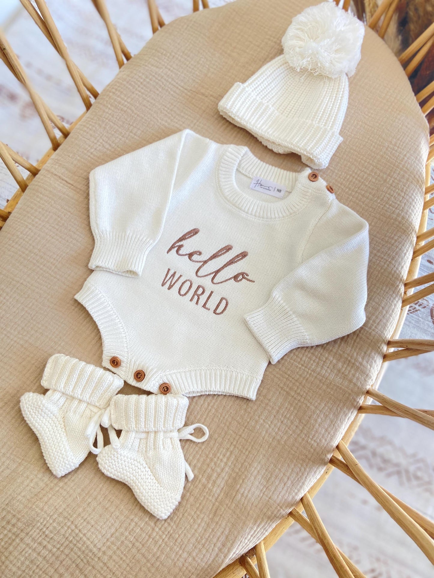 Hello world embroidered Knit Newborn Romper