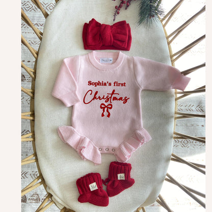 Christmas Outfit Baby Girl,First Christmas,Bow Knit Sweater Romper, Holiday Photoshoot, Embroidered Coming Home Set, Newborn Infant Toddler,