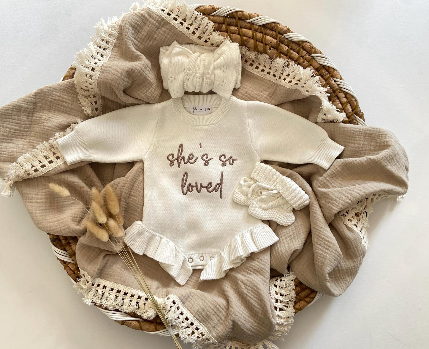 Embroidered Baby Romper: she is so loved Ruffle Knit Cotton, Personalized Outfit