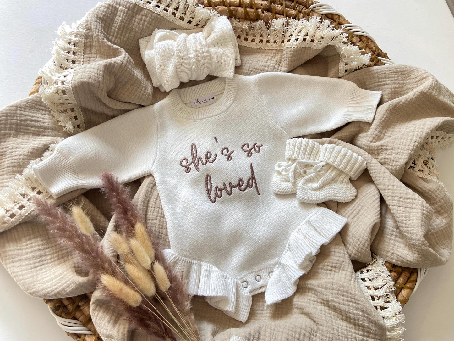 Embroidered Baby Romper: she is so loved Ruffle Knit Cotton, Personalized Outfit