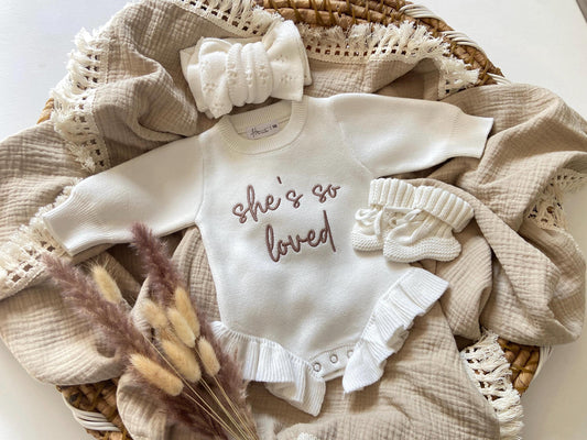 Embroidered Baby Romper: she is so loved Ruffle Knit Cotton, Personalized Outfit