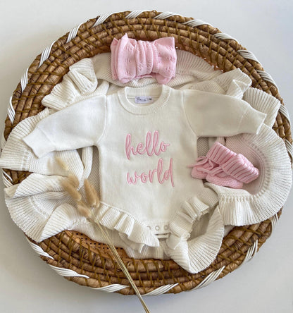 Embroidered Newborn Romper: Hello World Outfit, Ruffle Knit Cotton