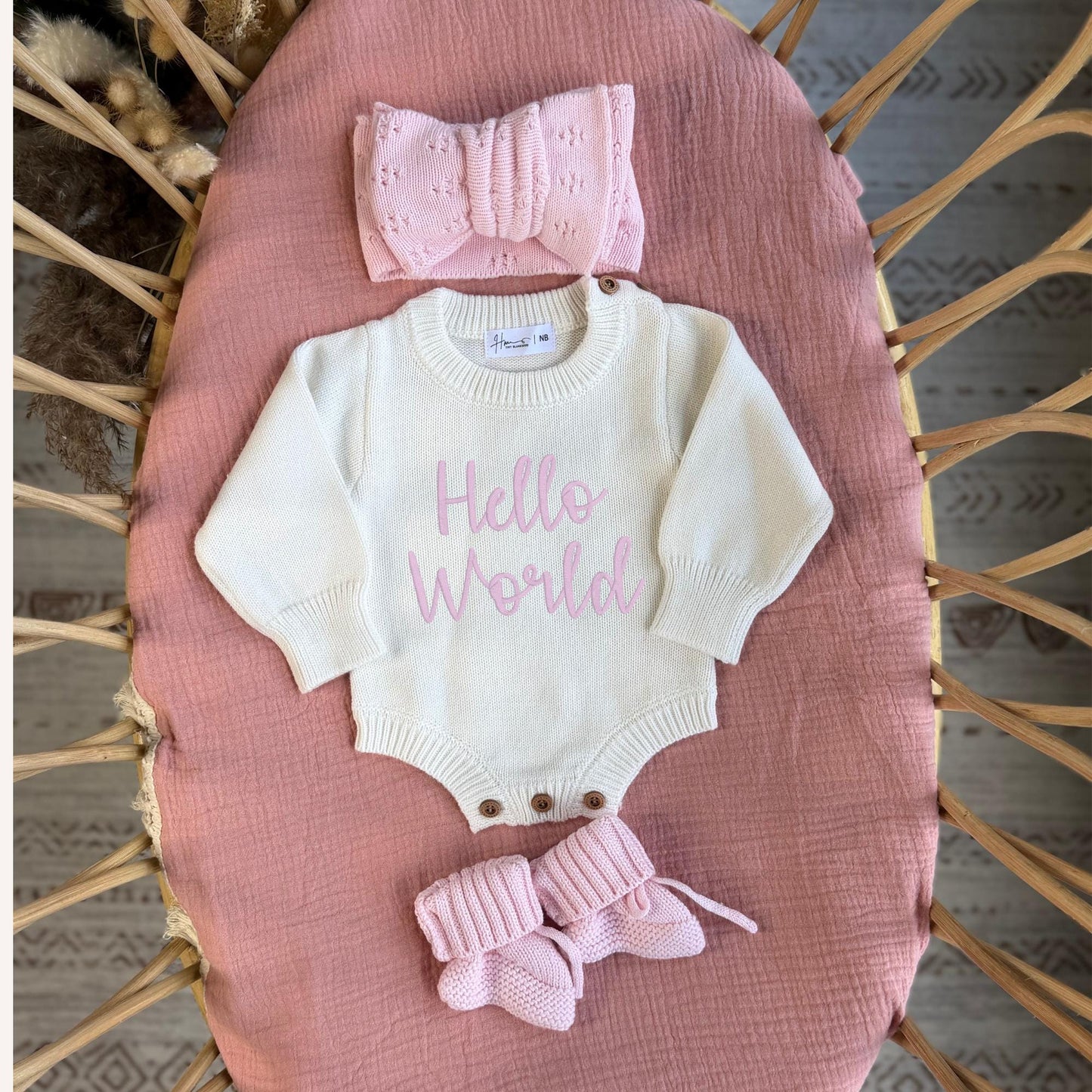 Embroidered Hello World Newborn Romper Set: 100% Cotton Outfit