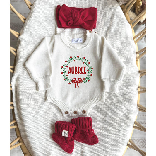 Embroidered white knit romper, personalized coming home outfit